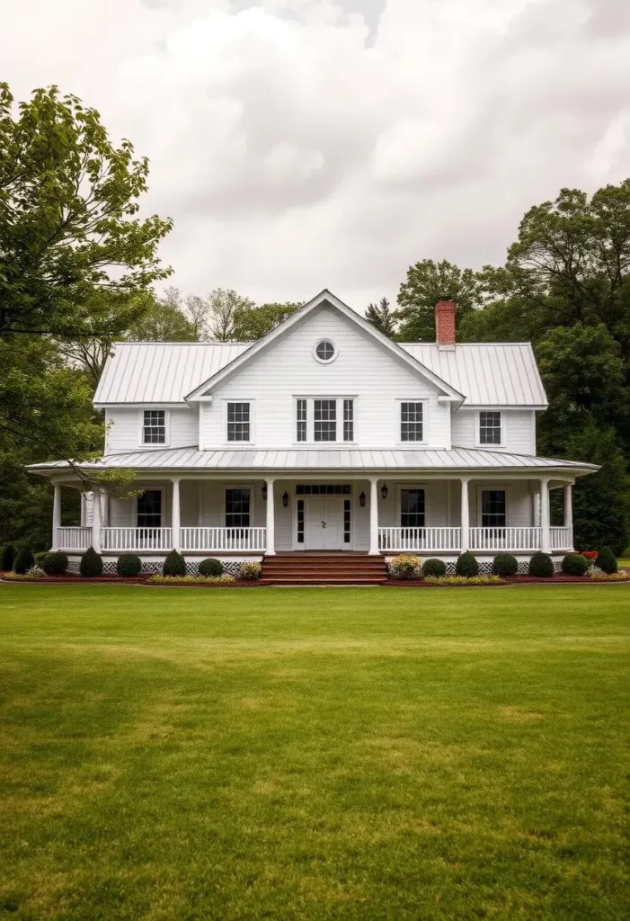 Symmetrical white farmhouse with a wrap-around porch and a central gable.