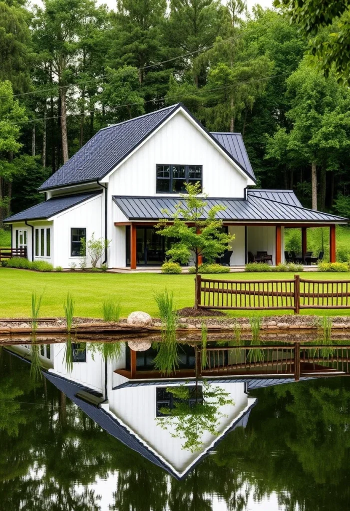 White Modern Farmhouse with Extended Eaves Black Metal Roof