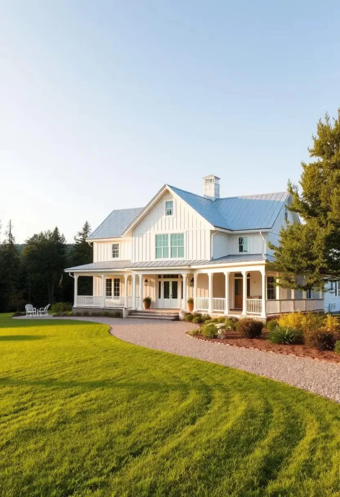 White farmhouse with a curved driveway and board and batten siding.