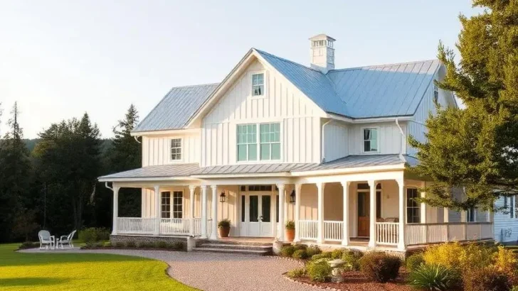 White farmhouse with a curved driveway and board and batten siding.