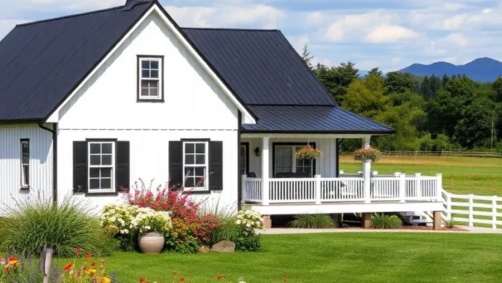 Classic White Farmhouse with Black Shutters and Metal Roof