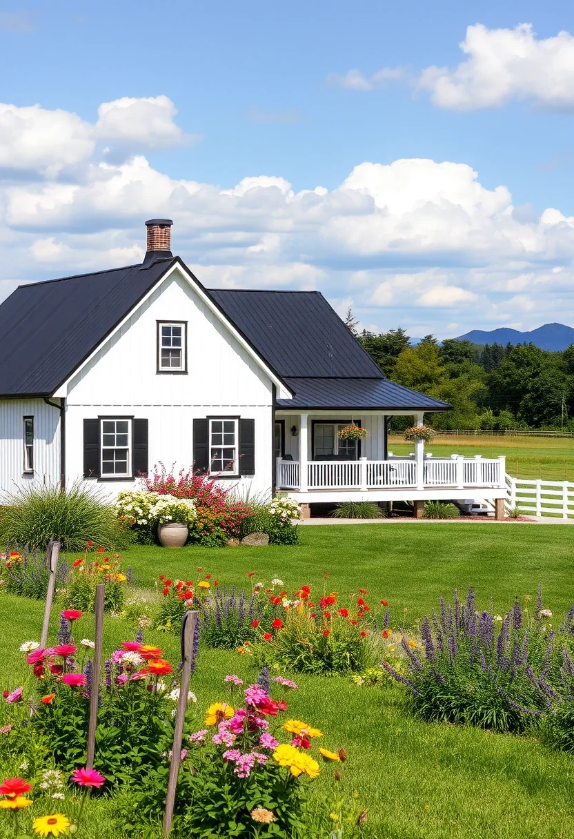 Classic White Farmhouse with Black Shutters and Metal Roof