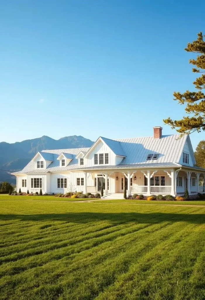 Large white farmhouse with a vast green lawn and mountain backdrop.