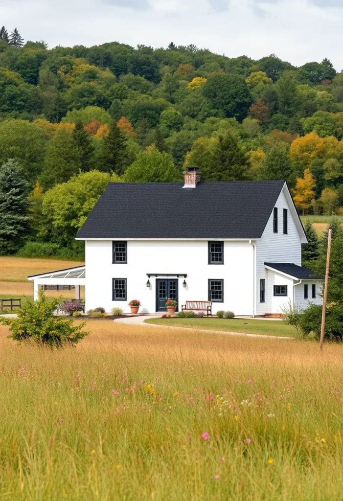 Simple White Farmhouse with Black Metal Roof and Windows