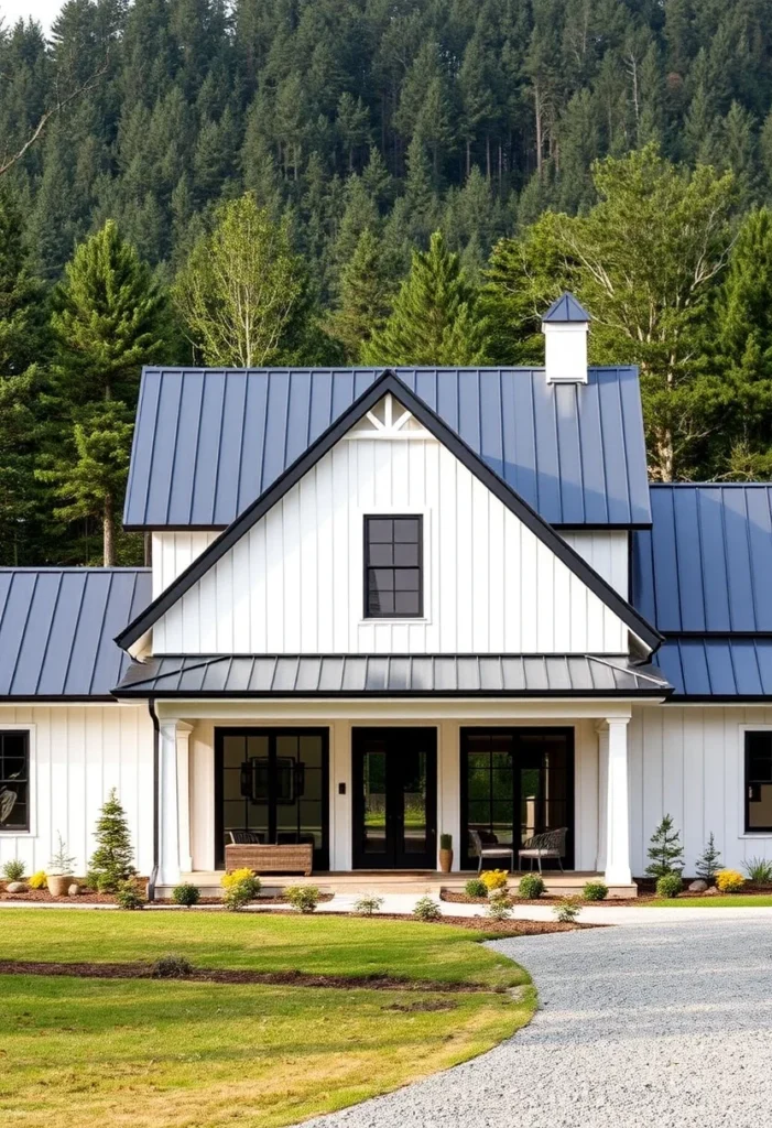 Modern White Farmhouse with Prominent Gable Black Metal Roof