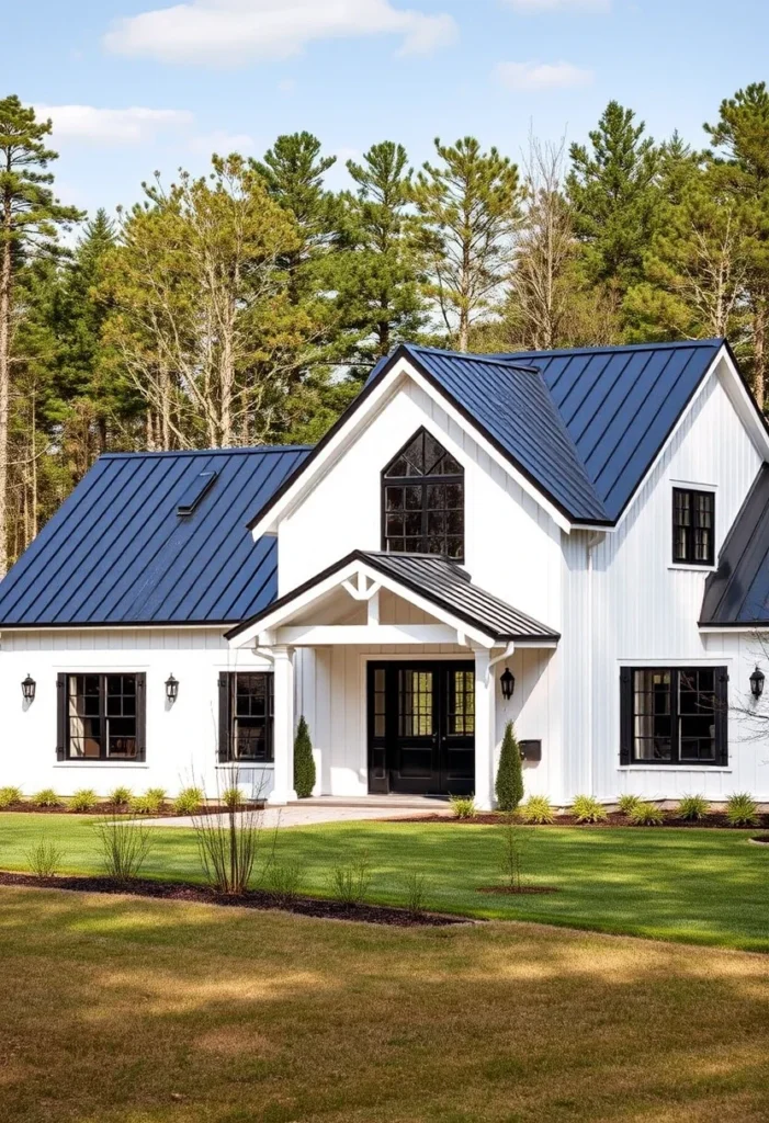 Modern White Farmhouse with Angled Rooflines Black Metal Roof