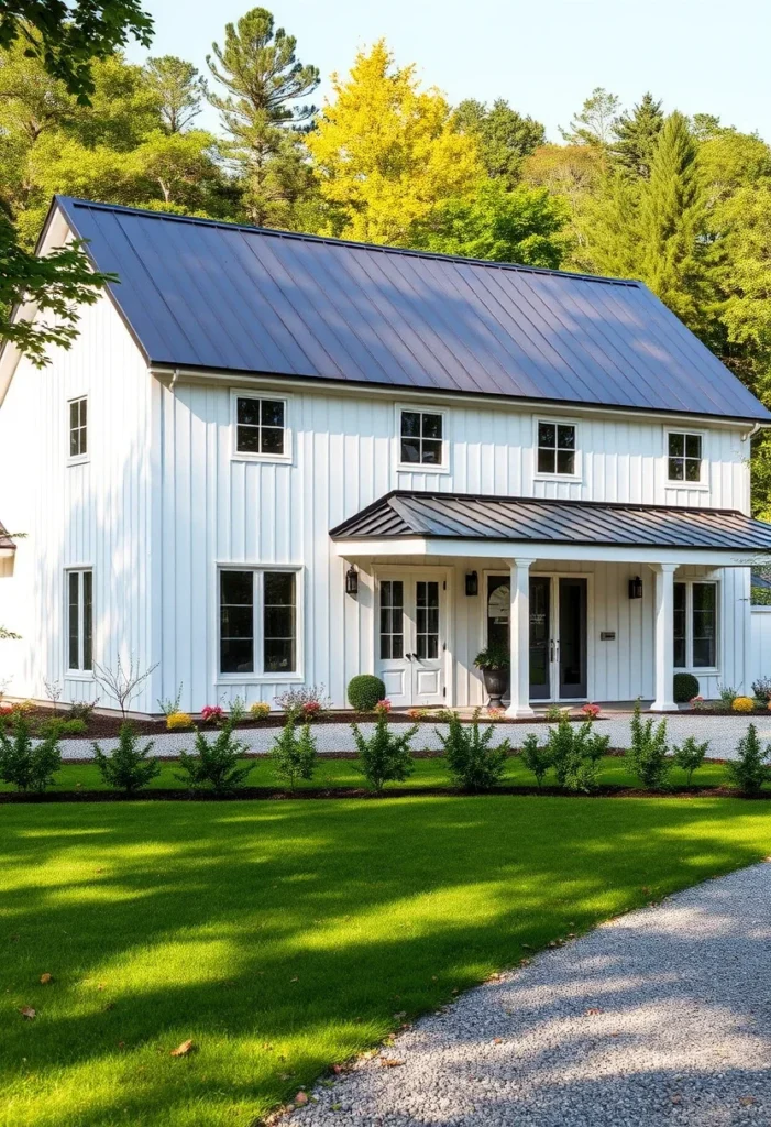 Symmetrical White Farmhouse with Black Metal Roof