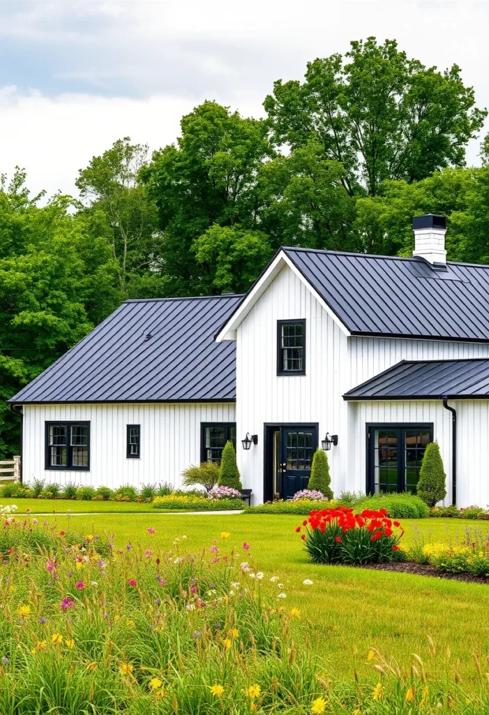 Modern Farmhouse White Exterior Black Accents Dark Metal Roof