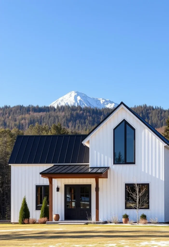 White Farmhouse Black Metal Roof Gable Design