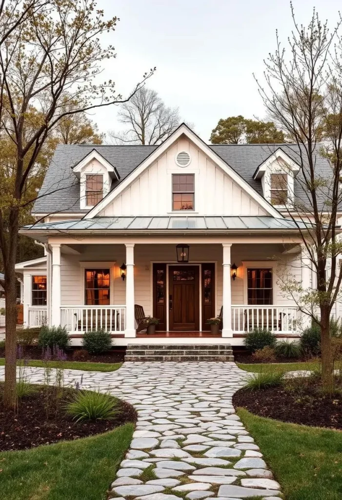 White farmhouse with dormer windows and a stone walkway.