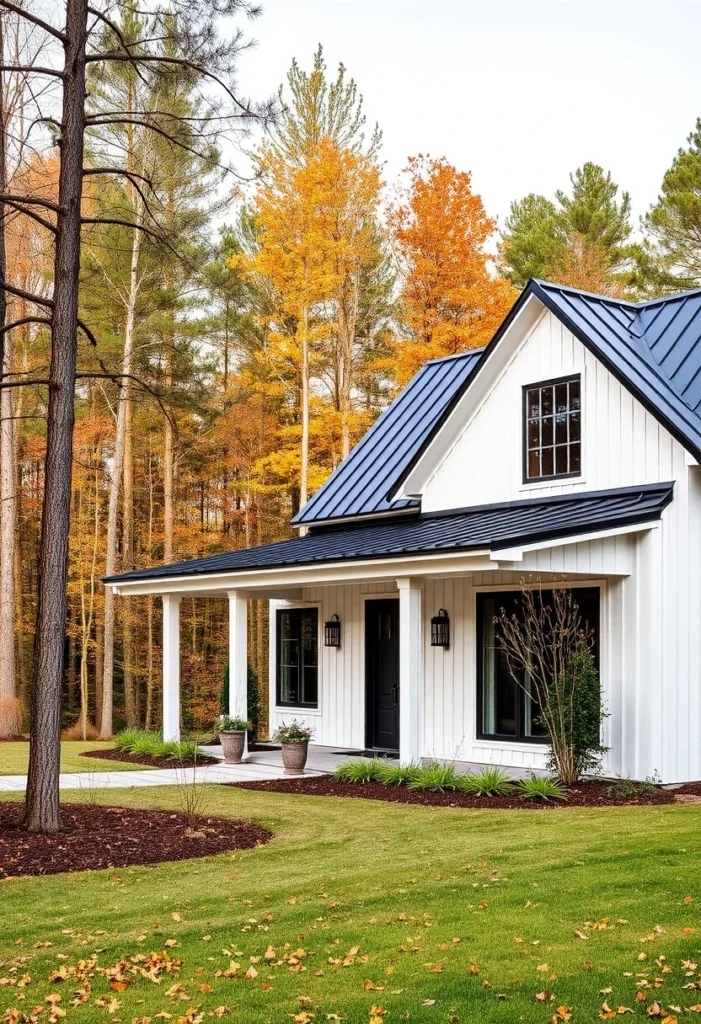 White Farmhouse with Covered Porch and Black Metal Roof