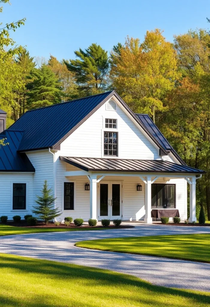 White Farmhouse Exterior Black Metal Roof Front Porch