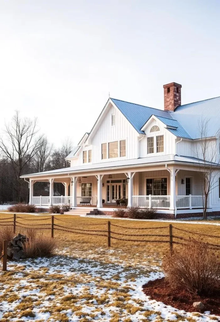 White traditional farmhouse with a large porch and split-rail fence in winter.