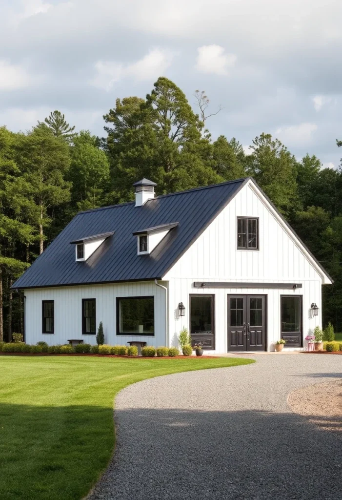 White Barn Style Farmhouse Black Metal Roof