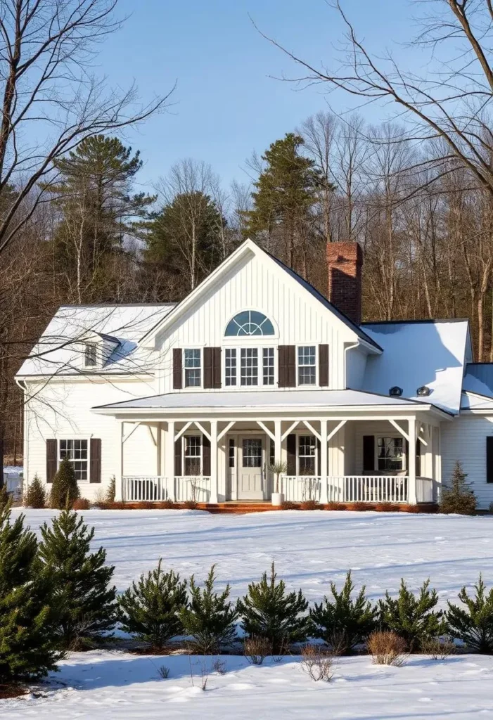 White farmhouse with a prominent gable roof and dark shutters in snow.