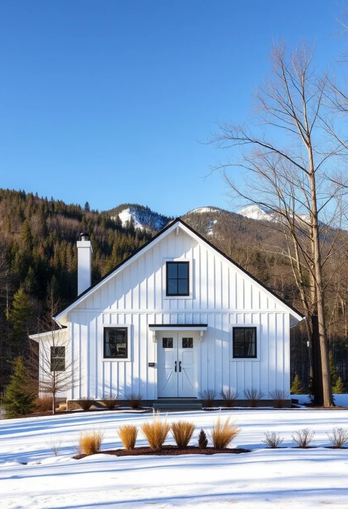 Contemporary White Farmhouse Black Metal Roof Symmetrical Design