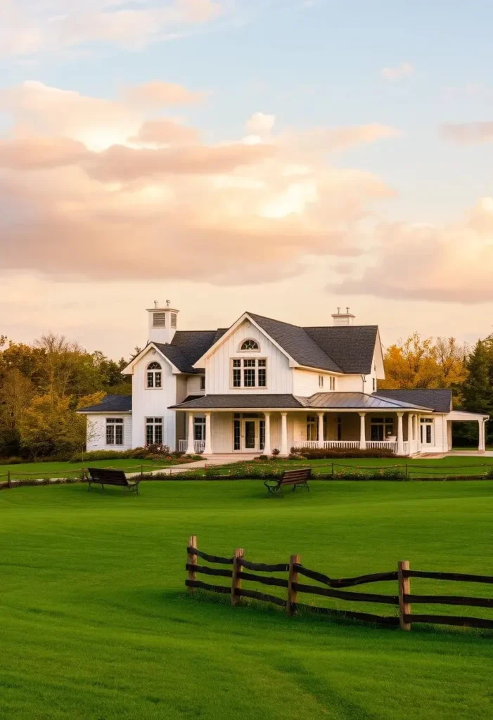 Large white farmhouse with a cupola and expansive green lawn.