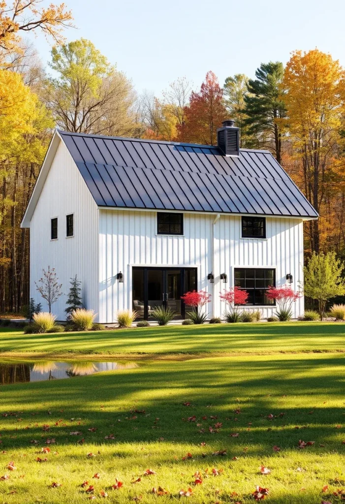 White Farmhouse Black Metal Roof Large Windows