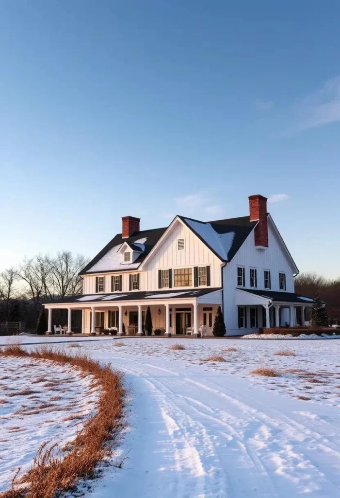 Modern white farmhouse with dark trim in a snowy landscape.