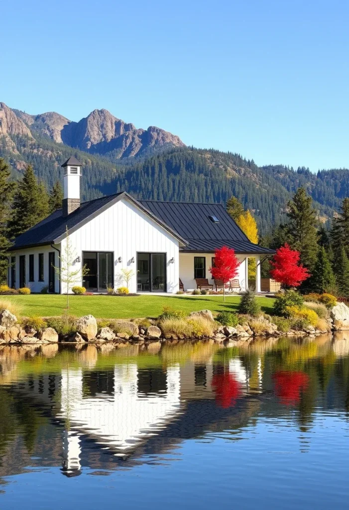 White Farmhouse with Black Metal Roof Near Water