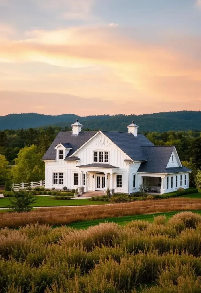 White farmhouse on a hill during sunset.