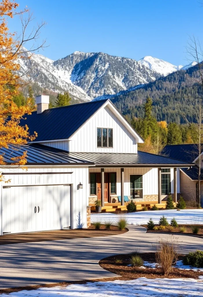 White Farmhouse Black Metal Roof Attached Garage