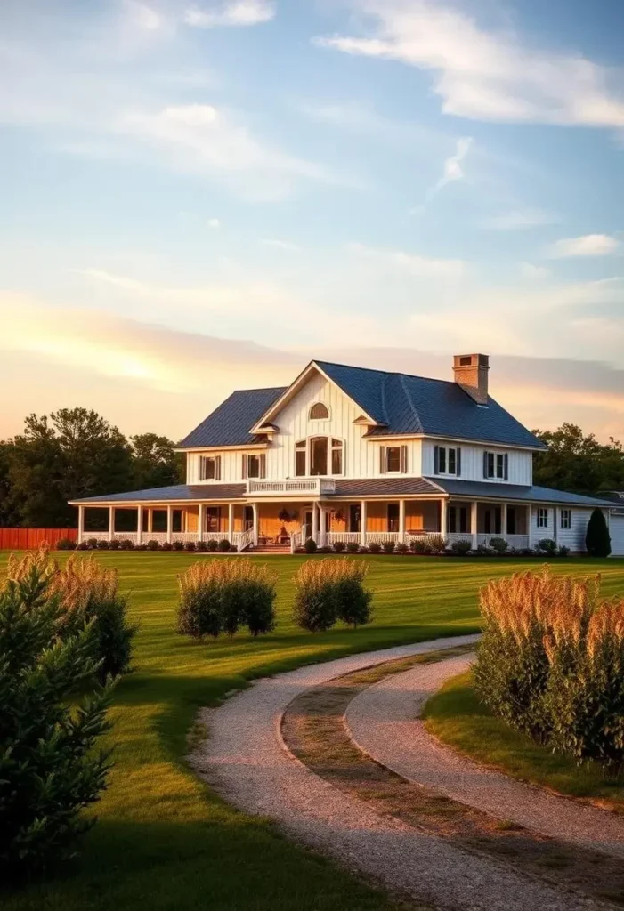 White farmhouse with a long, winding driveway at sunset.