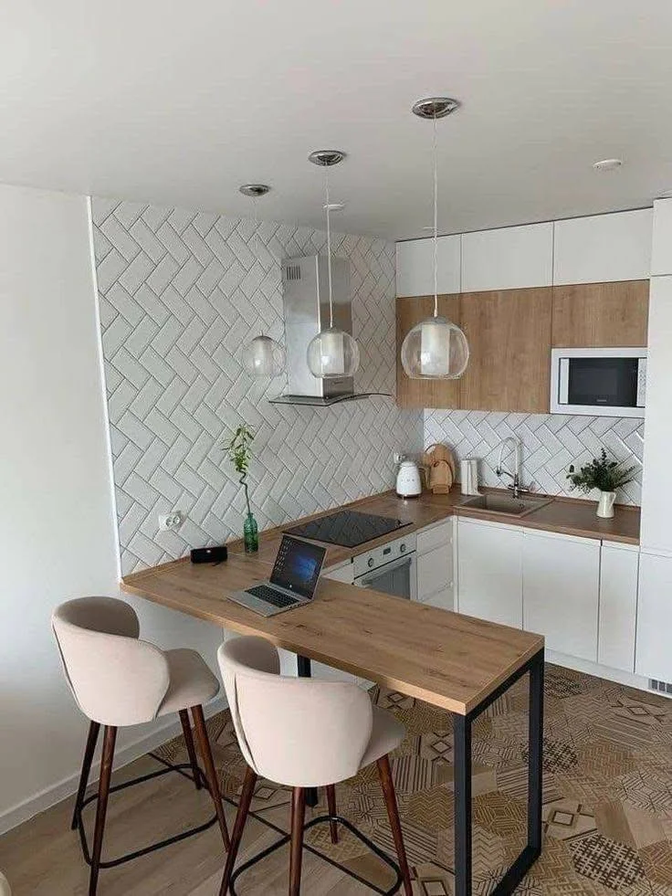 Minimalist kitchen wood bar with metal legs.