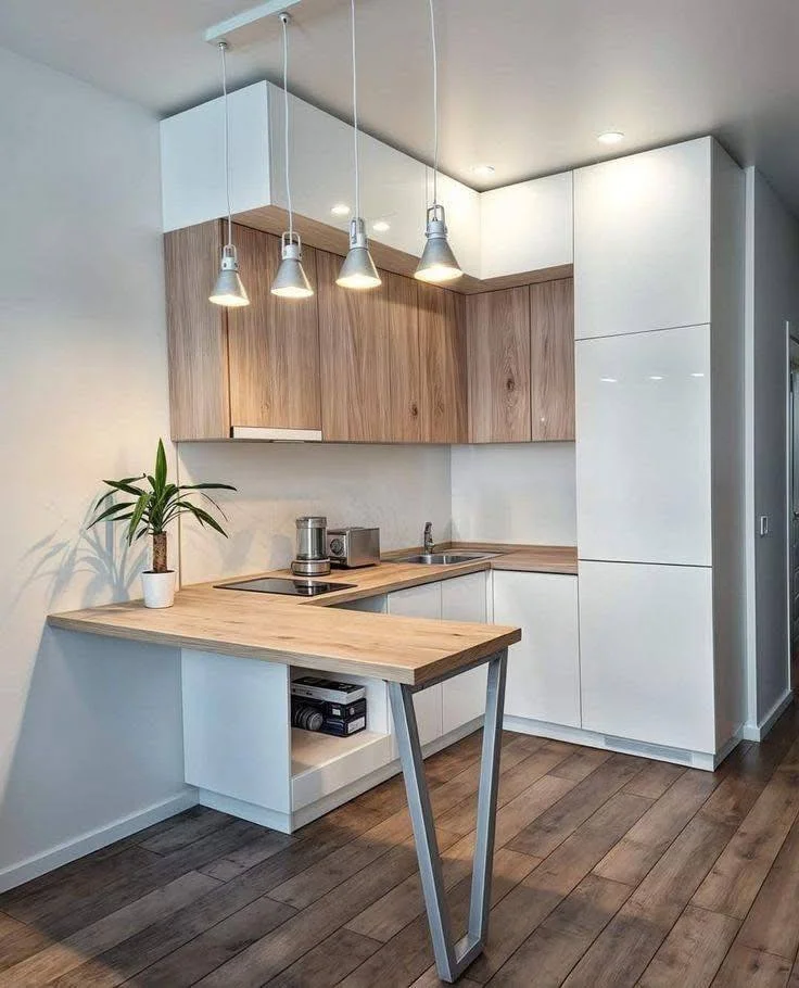 Kitchen with angled wood bar design.