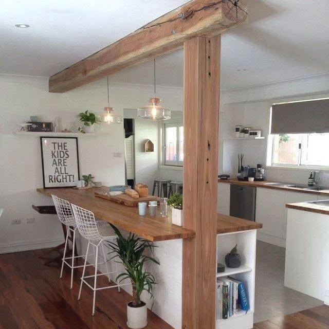 Kitchen with reclaimed wood beam bar support. Wood Bar Kitchen Ideas