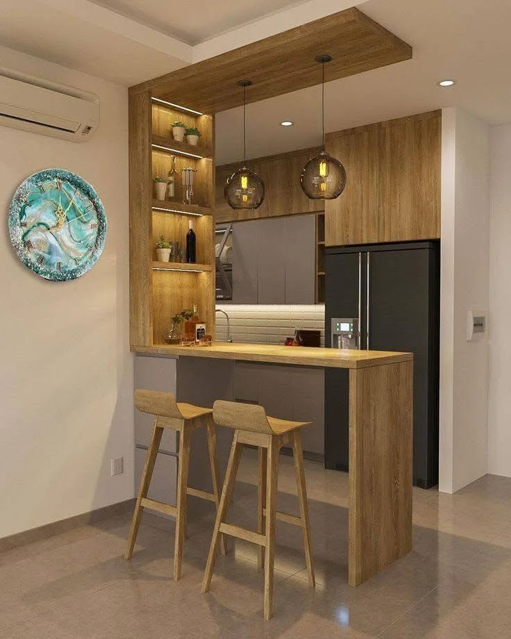 Kitchen with built-in wood bar nook.