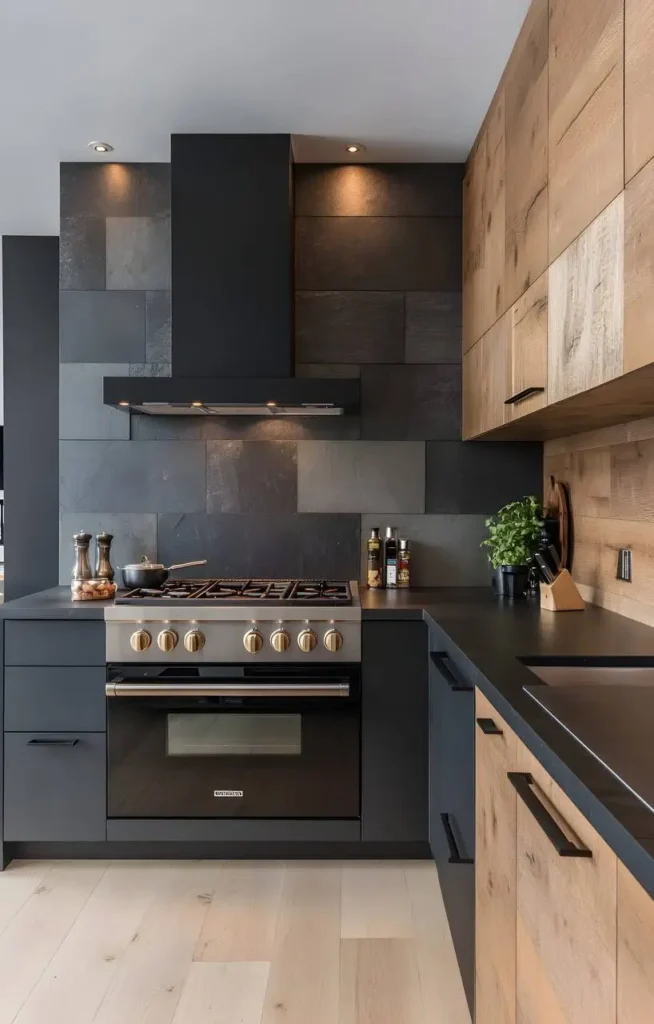 Modern black and wood kitchen with textured grey stone backsplash and professional-grade range.