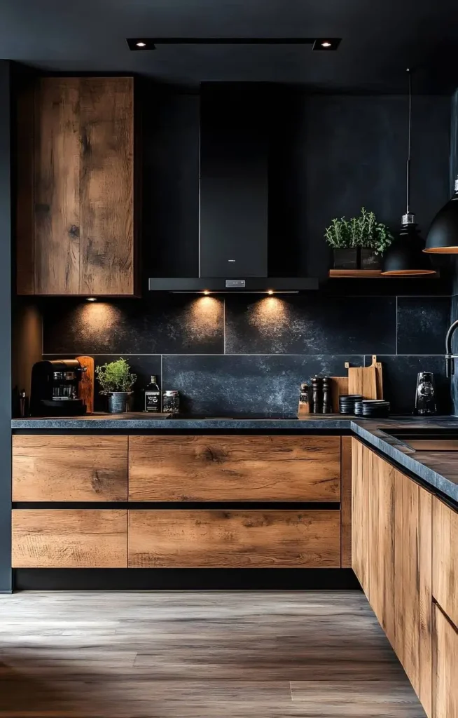 Modern kitchen with wood lower cabinets, black upper cabinets, black backsplash, and ceiling, showcasing warm lighting.