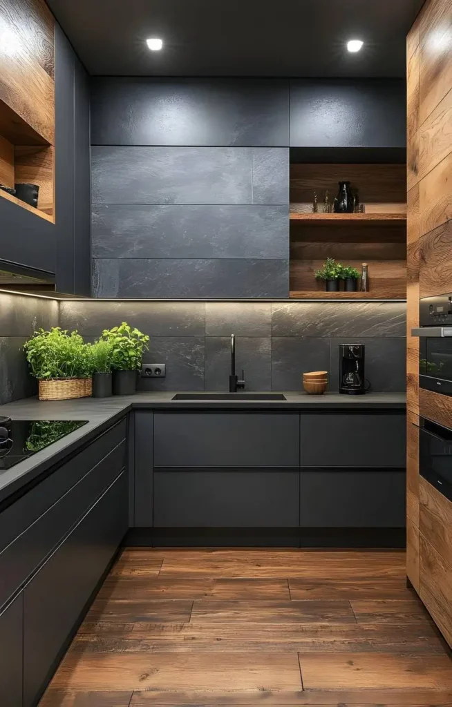 Contemporary kitchen with dark grey cabinets, wood open shelving, under-cabinet lighting, and dark wood flooring.