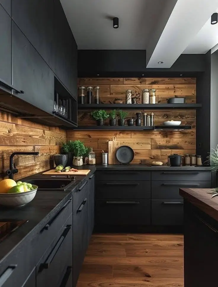 Black and wood kitchen with extensive wood paneling on walls and open shelves, black countertops and cabinetry.