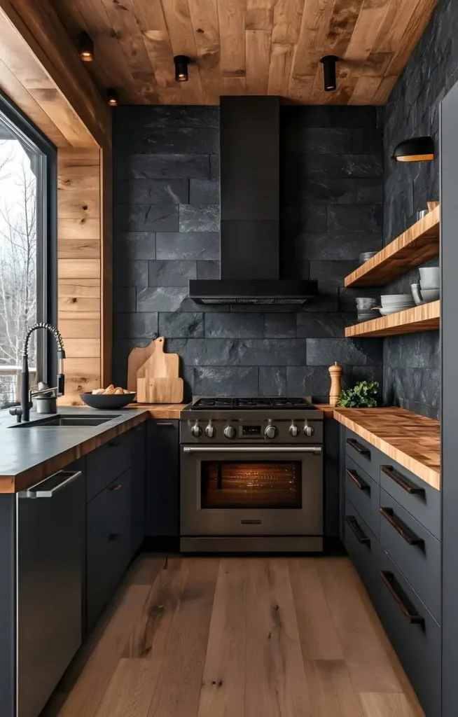 Kitchen with wood-paneled ceiling, dark grey backsplash, black range hood, wood countertops, and large window.