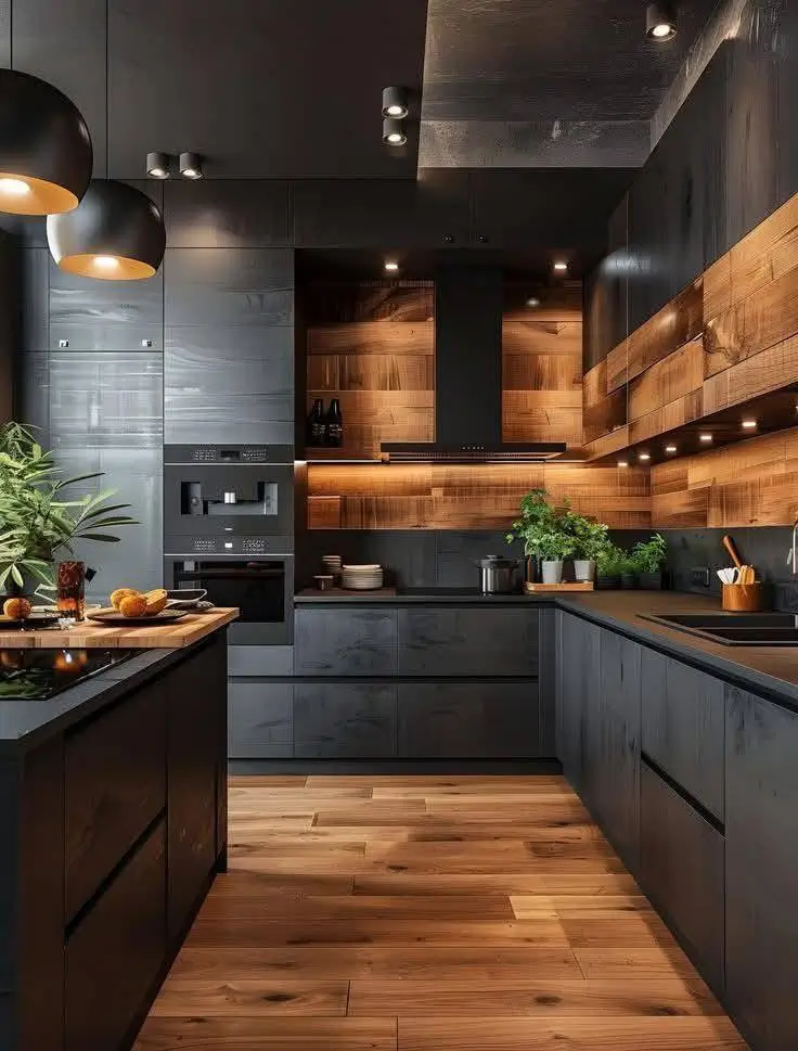 Modern black kitchen with integrated appliances, wood accents, under-cabinet lighting, and wood flooring.