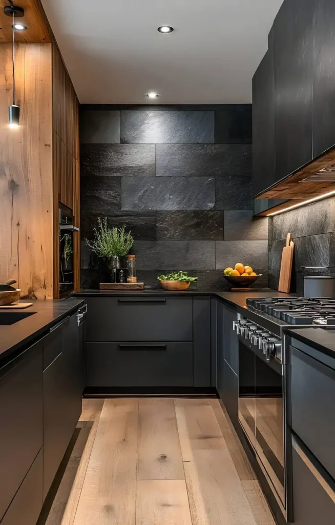 Kitchen featuring a vertical wood-paneled wall, black cabinets, dark backsplash, and light wood flooring.