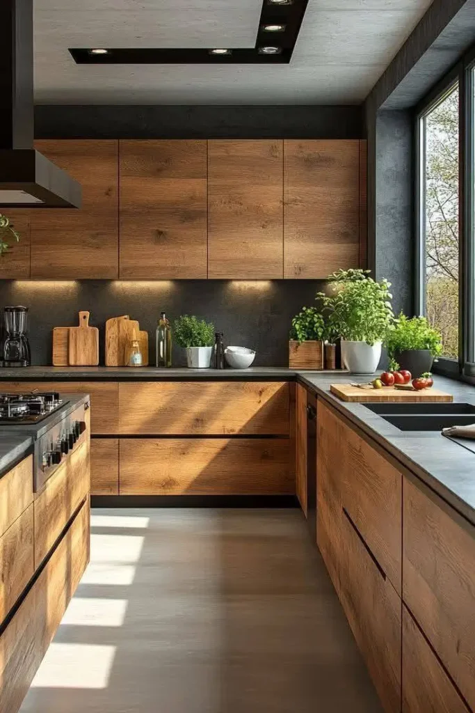 Kitchen with light wood (possibly Nobilia Havana Oak) cabinetry, dark countertops, under-cabinet lighting, and large window.