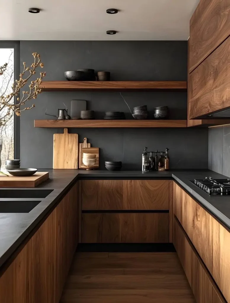 Kitchen with walnut wood cabinetry, dark countertops, dark open shelving, and a dark backsplash.