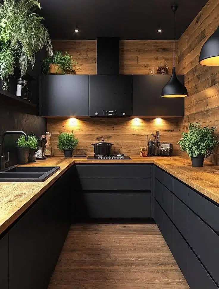 Black kitchen cabinets with wood countertops and backsplash, accented by green plants and pendant lighting.