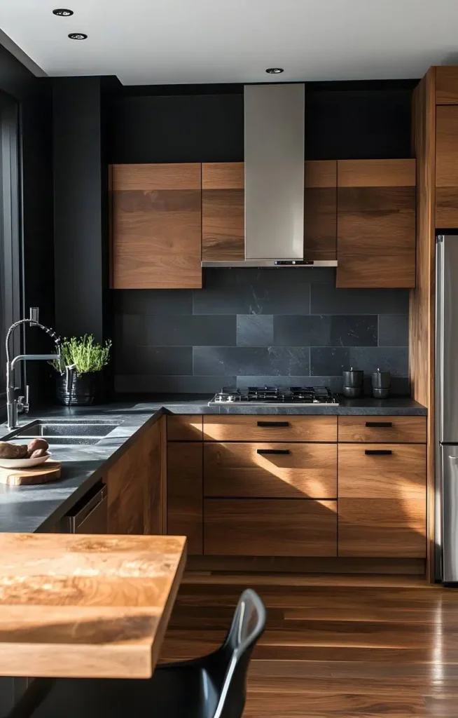 Kitchen with mid-tone wood cabinets, stainless steel appliances, a dark backsplash, and dark countertops.