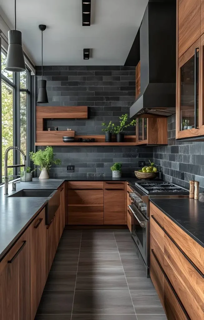 Kitchen with dark tile flooring, wood cabinets, black countertops, dark backsplash, and pendant lighting.