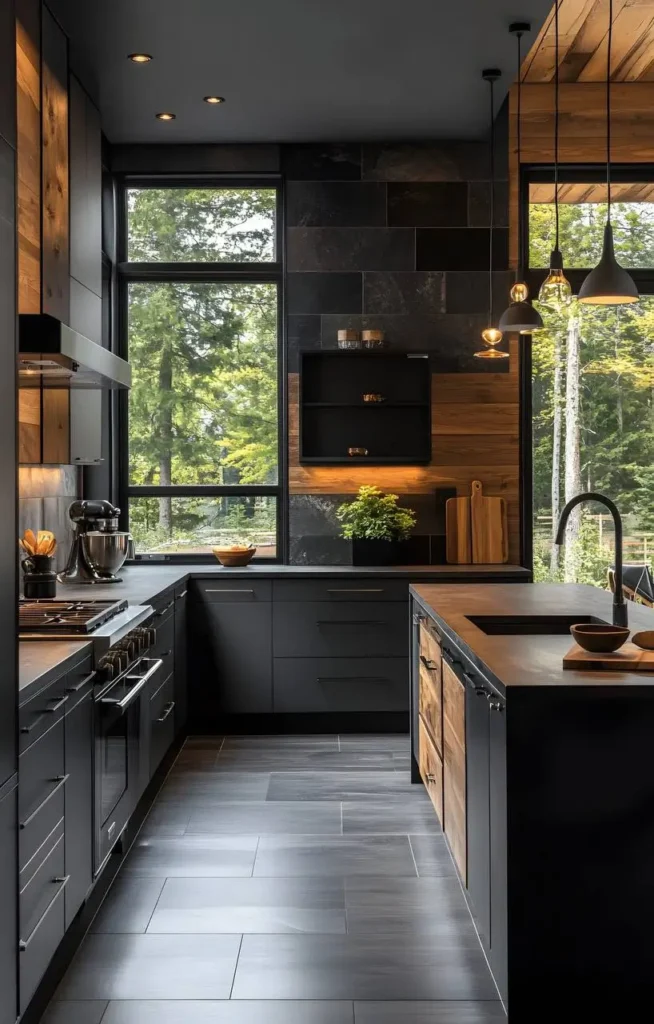 Dark-themed kitchen with large windows showcasing a wooded view, wood accents, and dark tile flooring.