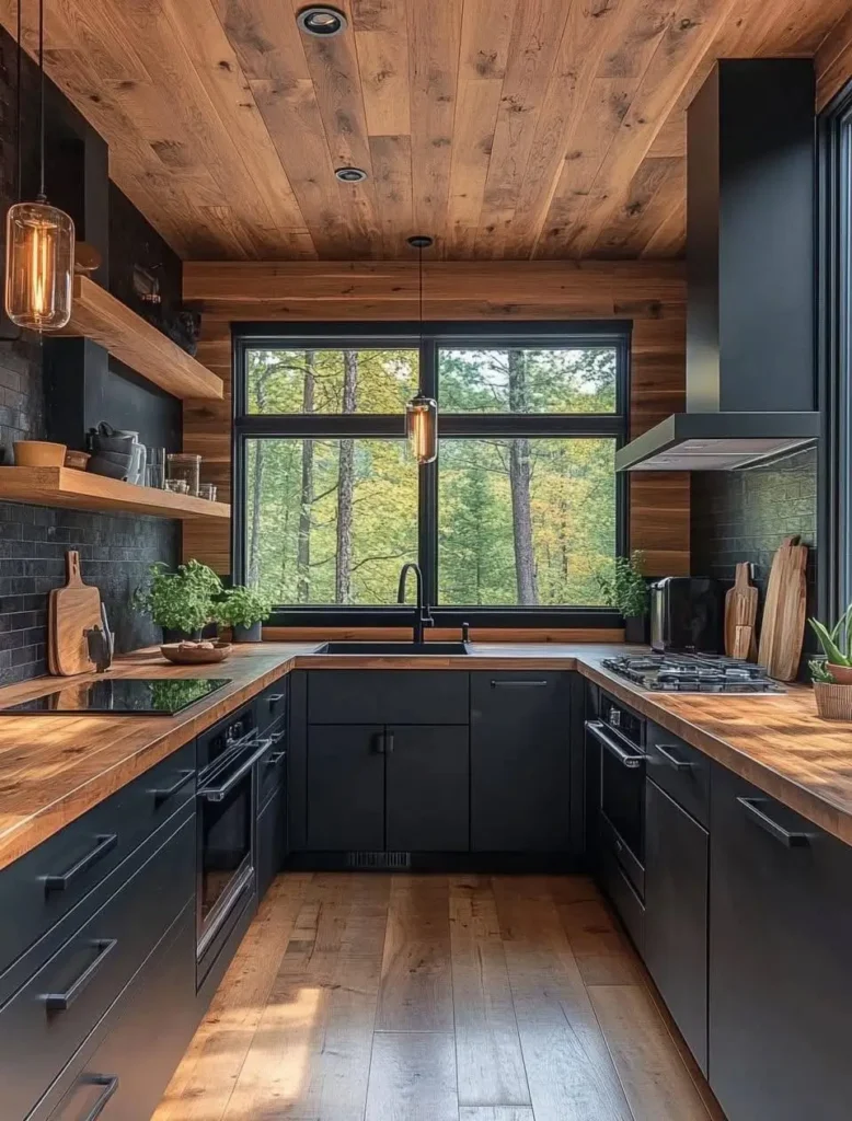 Kitchen with a wood-clad ceiling, black window frames, black cabinets, wood countertops, and a dark backsplash.