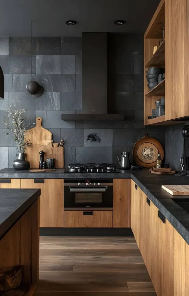 Kitchen with a matte black range hood, dark textured backsplash, light wood cabinets, and dark countertops.