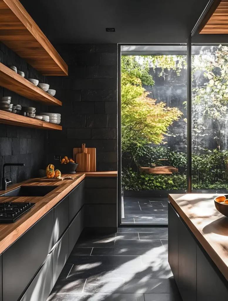 Kitchen with large sliding glass doors opening to a patio, dark flooring, dark backsplash, and wood countertops.