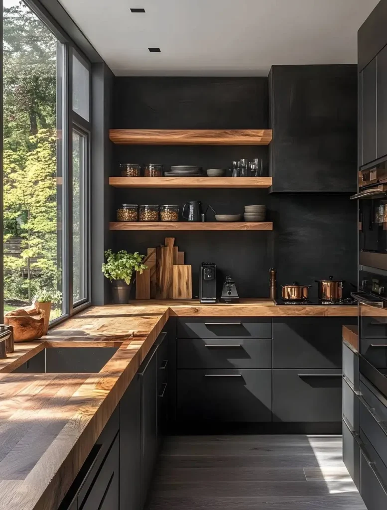 Black kitchen with warm wood countertops, open wood shelving, and a large window.