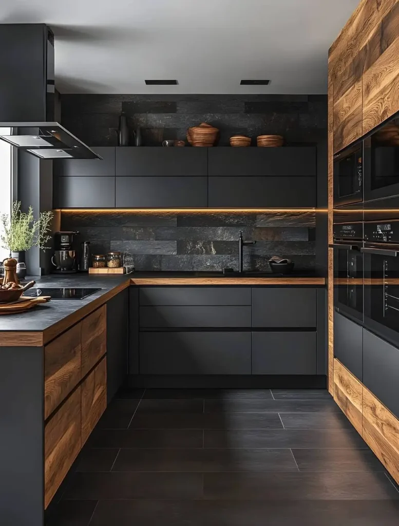 Modern kitchen with matte black cabinets, wood accents, a dark textured backsplash, and a linear LED light strip.