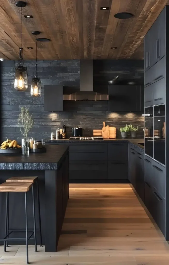 Modern kitchen featuring dark cabinetry, a dark backsplash, a wood-clad ceiling, light wood flooring, and industrial-style pendant lights.